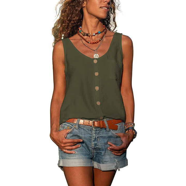 Women's grey sleeveless tank top with V-neck and decorative button front