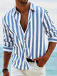 Men's relaxed shirt with vertical blue and white stripes, three-quarter sleeves