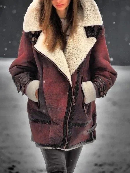 Women's hip-length shearling-lined jacket with wide collar and zip front