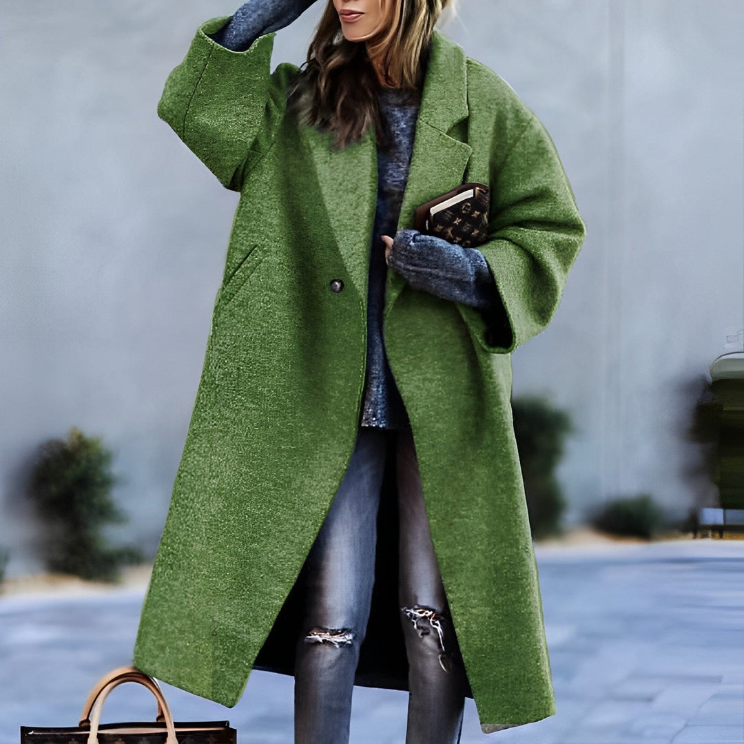 Women's long oversized lapel coat with button front and angled pockets