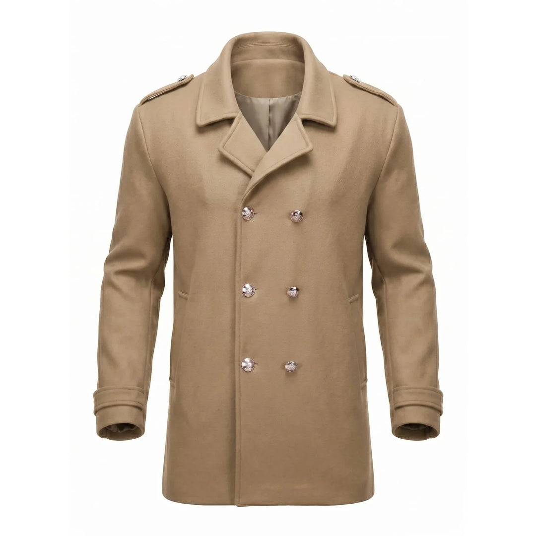 Men's double-breasted winter coat with notched lapels and button details