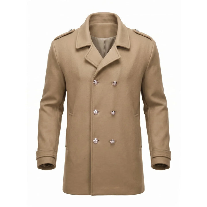 Men's double-breasted winter coat with notched lapels and button details