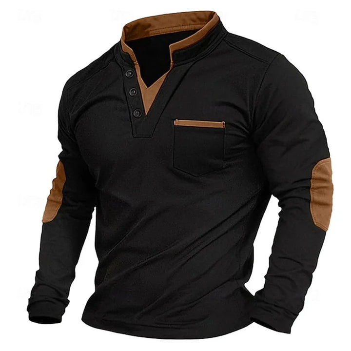 Men's long-sleeve stand-collar sweatshirt with button placket, chest pocket and contrasting elbow panels