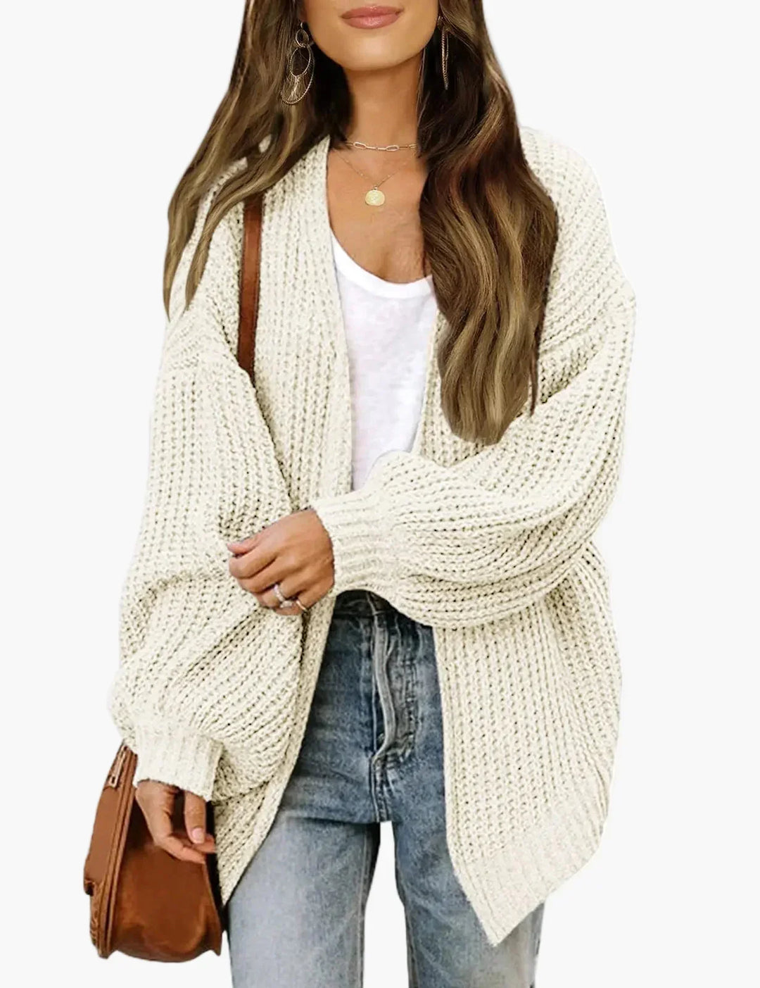 Women's oversized textured knit cardigan with open front and long sleeves