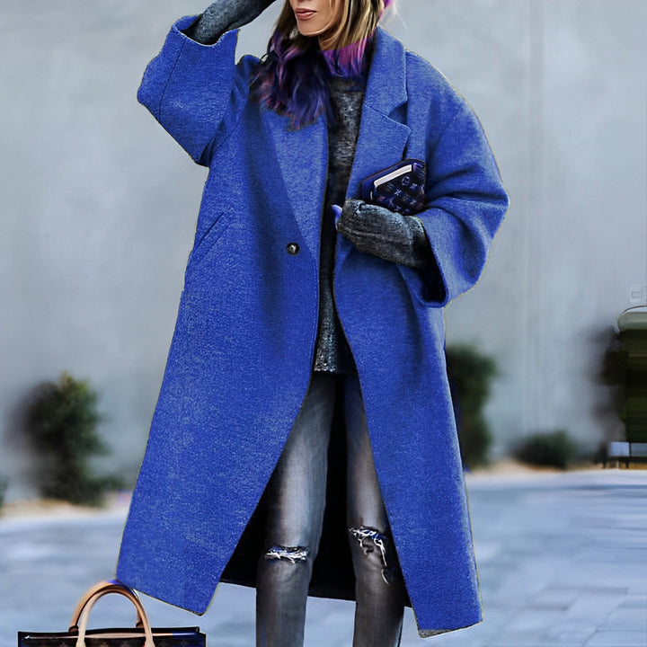 Women's long oversized lapel coat with button front and angled pockets