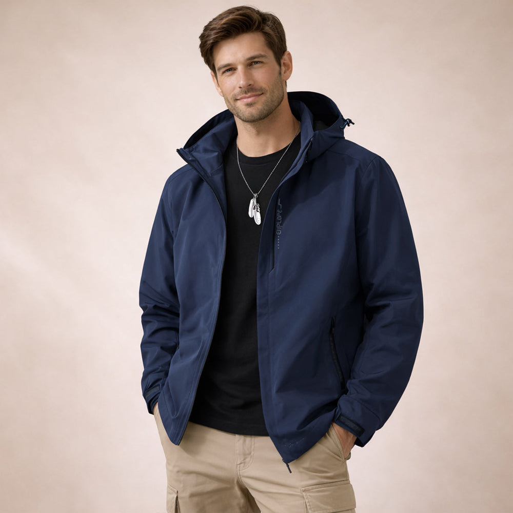Men's hooded zip front jacket with long sleeves and zipped pockets