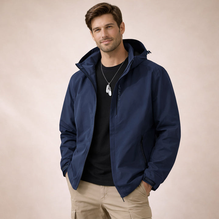 Men's hooded zip front jacket with long sleeves and zipped pockets