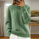 Women's cable knit crew neck sweater with long sleeves and ribbed trims