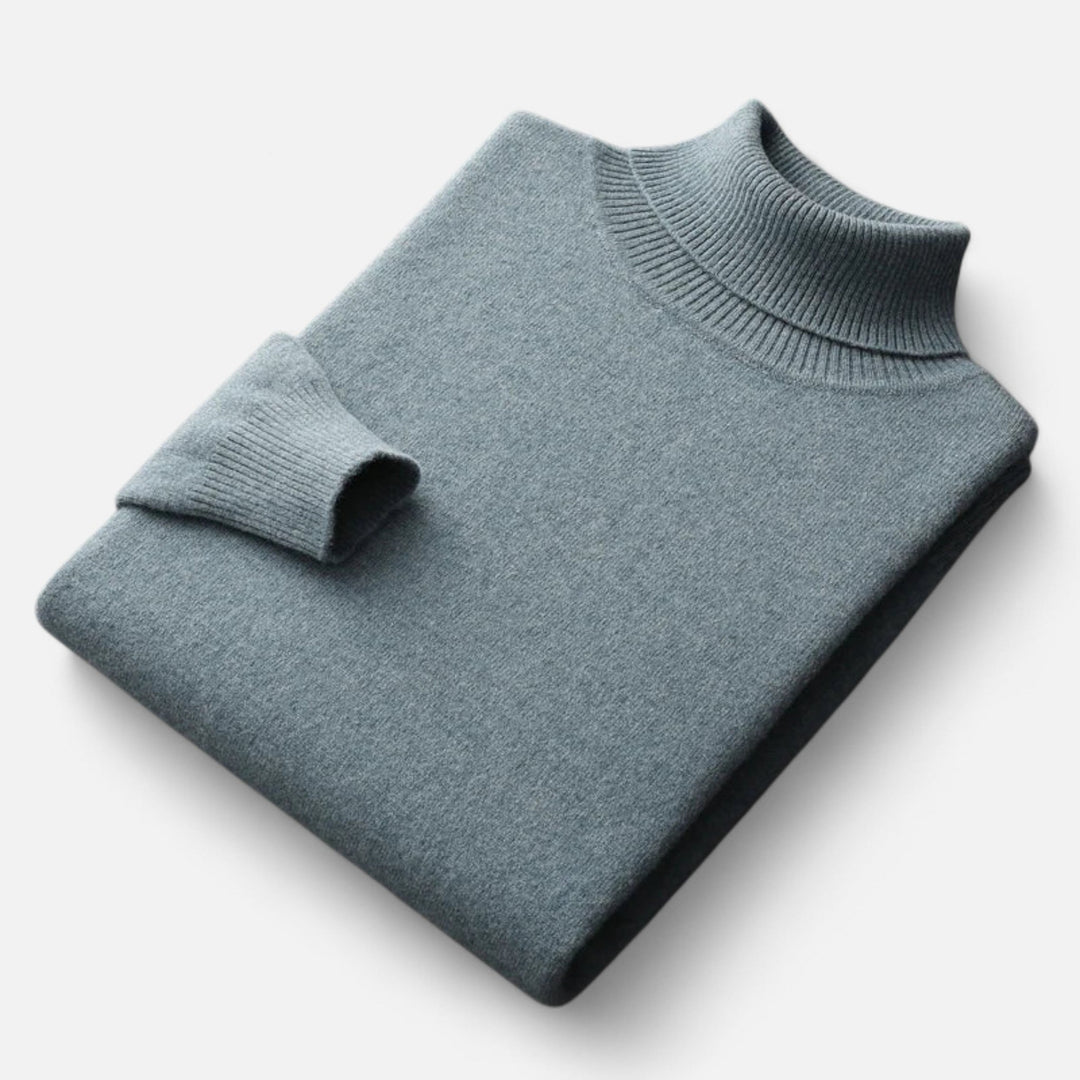 Men's solid turtleneck sweater with long sleeves and ribbed trims