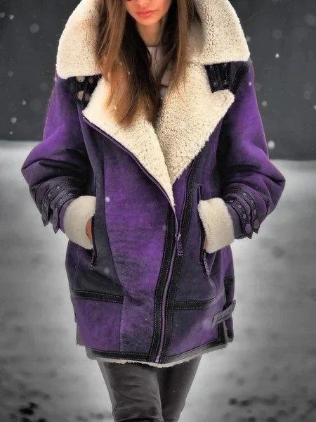 Women's hip-length shearling-lined jacket with wide collar and zip front