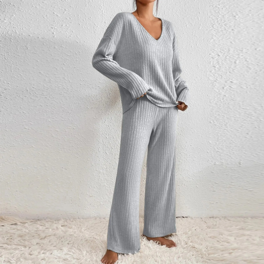 Ribbed Knit Sweater and Trousers Set in Beige - View 13 | Bellmere