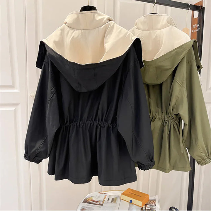 Women's color block windbreaker jacket with layered collar and long sleeves