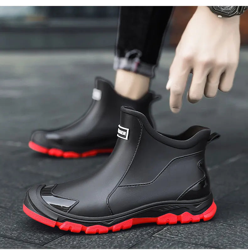 Pull-on terrain ankle boots with stitched panels and chunky textured soles