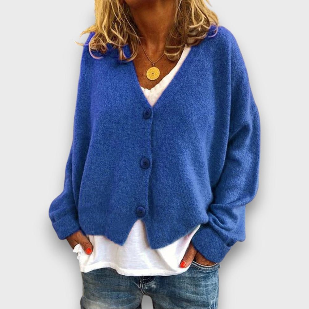 Women's V-neck knit cardigan with long sleeves and button front