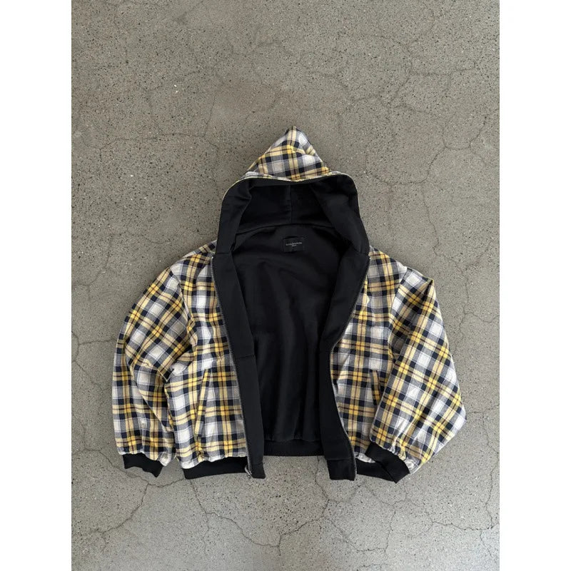 Black hooded zip jacket with checked lining and front pockets