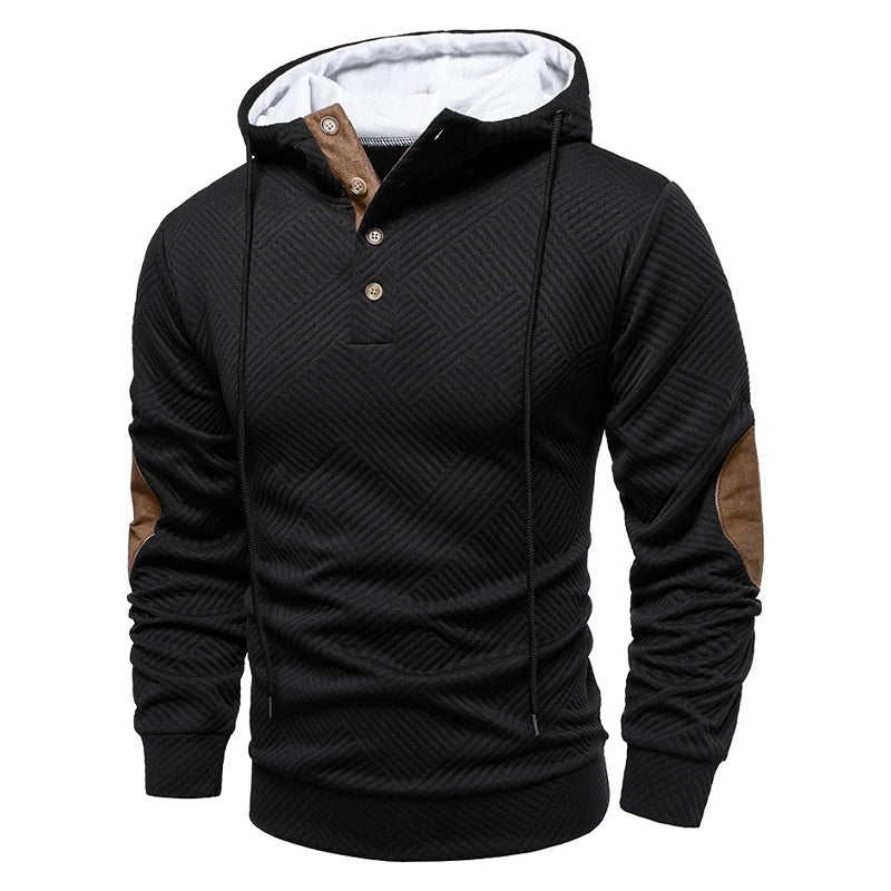 Men's textured hooded pullover with button placket and contrasting elbow panels