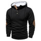 Men's textured hooded pullover with button placket and contrasting elbow panels