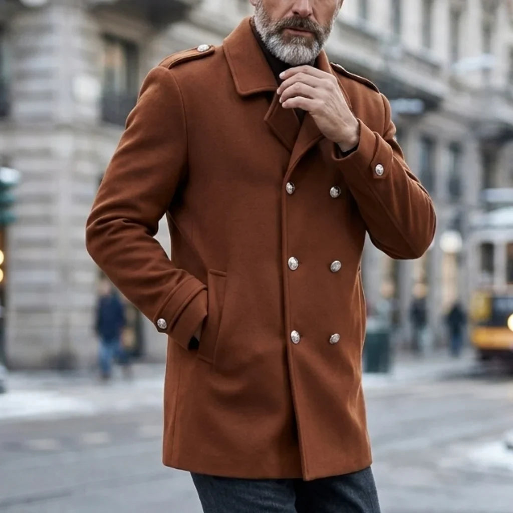 Men's double-breasted winter coat with notched lapels and button details