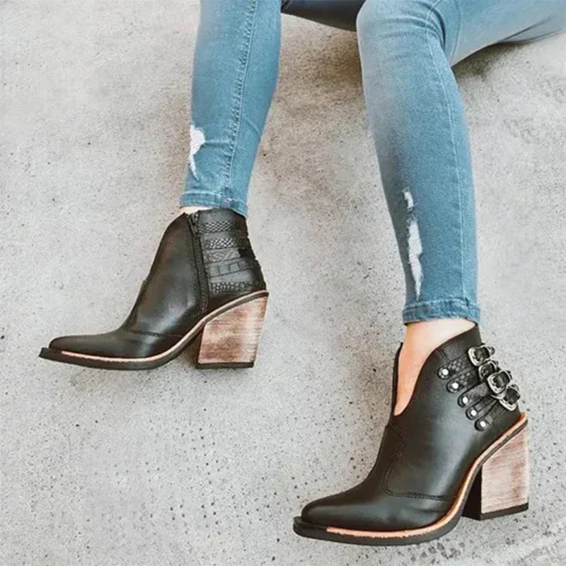 Women's ankle cowboy boots with buckle straps and high block heels