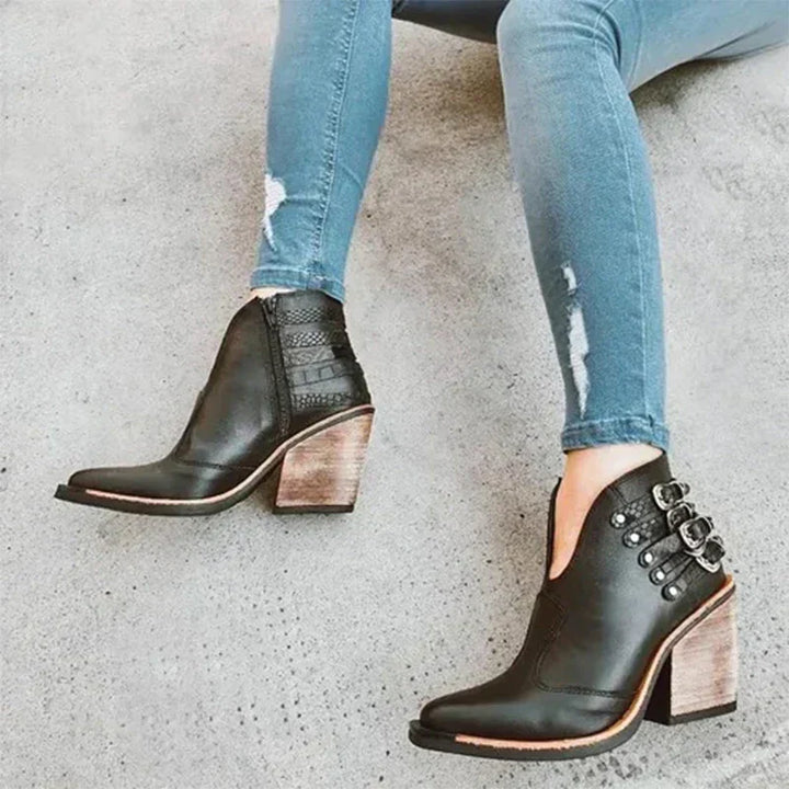 Women's ankle cowboy boots with buckle straps and high block heels