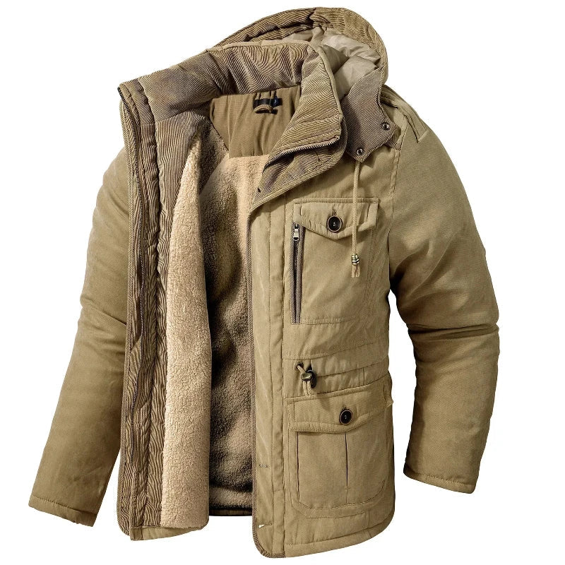 Men's hooded fleece-lined winter parka with utility pockets
