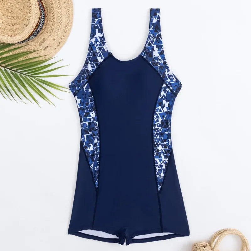 Women's One-Piece Boyleg Swimsuit with Printed Side Panels
