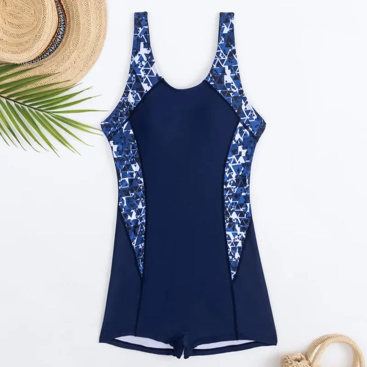 Women's One-Piece Boyleg Swimsuit with Printed Side Panels