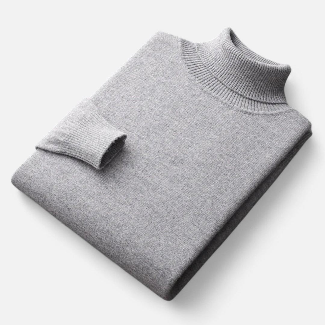 Men's solid turtleneck sweater with long sleeves and ribbed trims