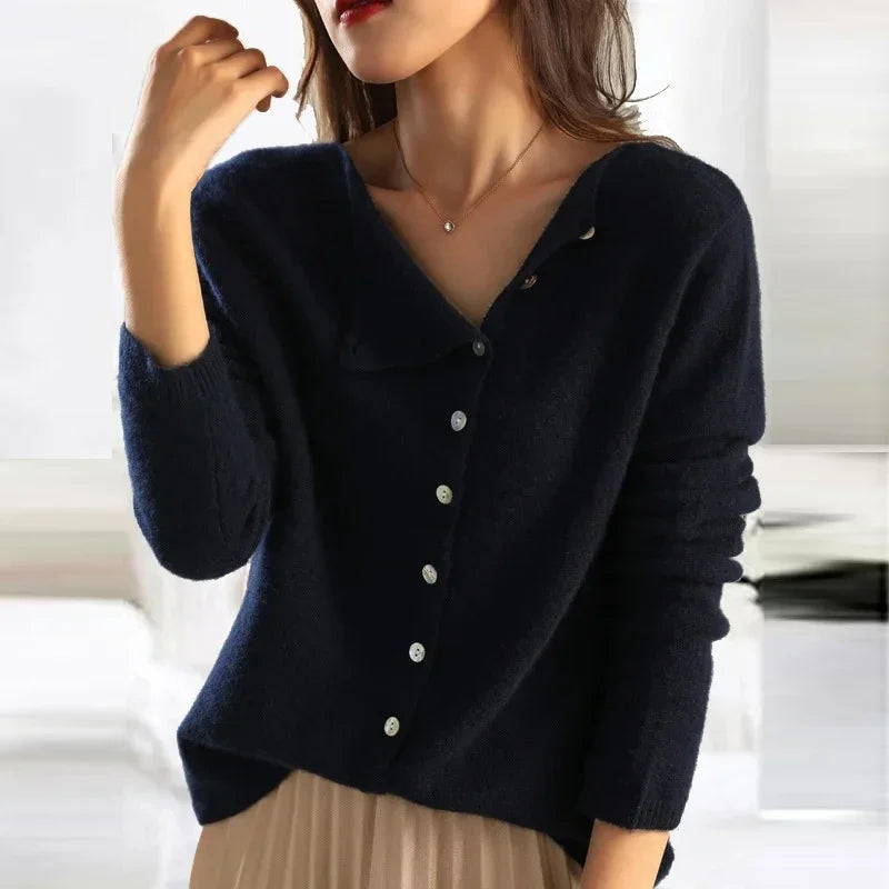 Women's asymmetric button knit cardigan with long sleeves