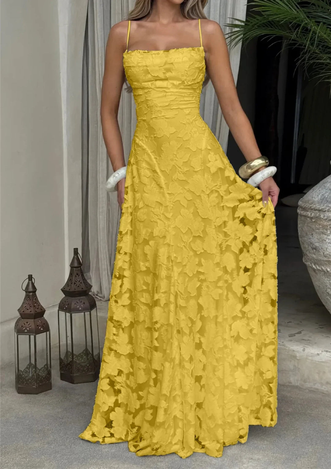 Women's embroidered lace maxi dress with sweetheart neckline and train