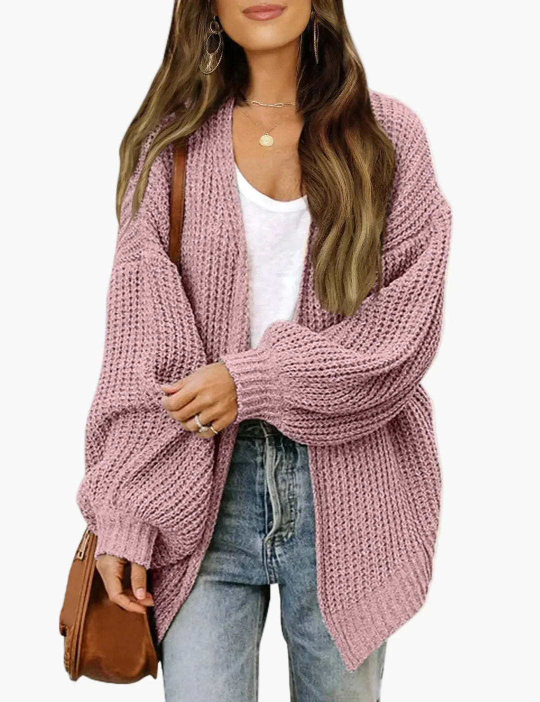 Women's oversized textured knit cardigan with open front and long sleeves