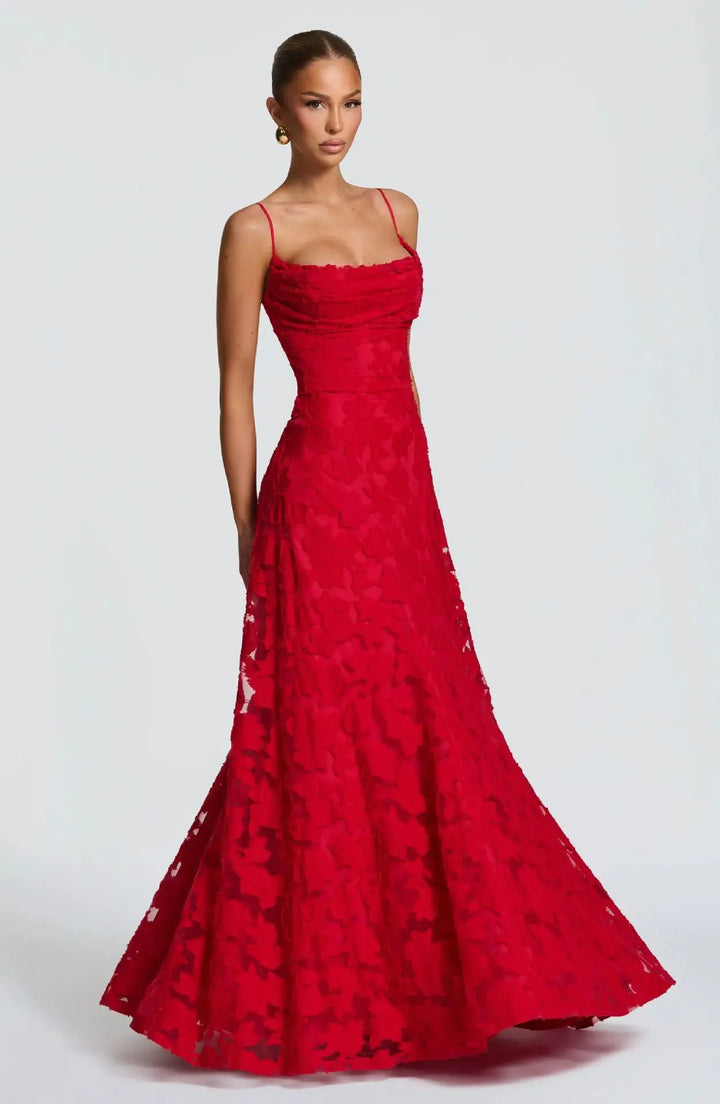 Women's embroidered lace maxi dress with sweetheart neckline and train