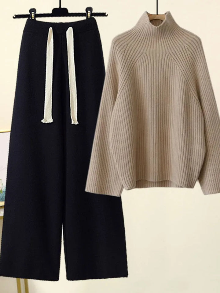 Women's ribbed turtleneck sweater and wide leg trouser set
