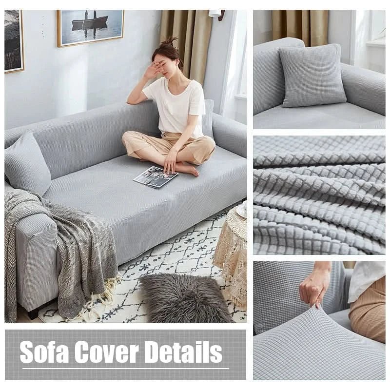 Textured stretch sofa slipcover on living room seating