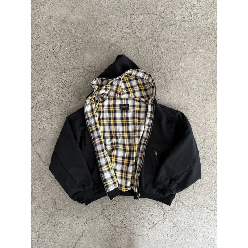 Black hooded zip jacket with checked lining and front pockets