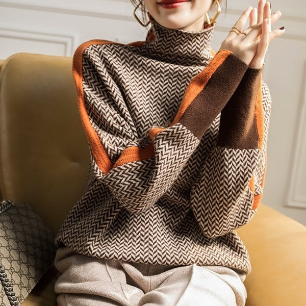 Women's herringbone turtleneck sweater with long sleeves and contrast trim