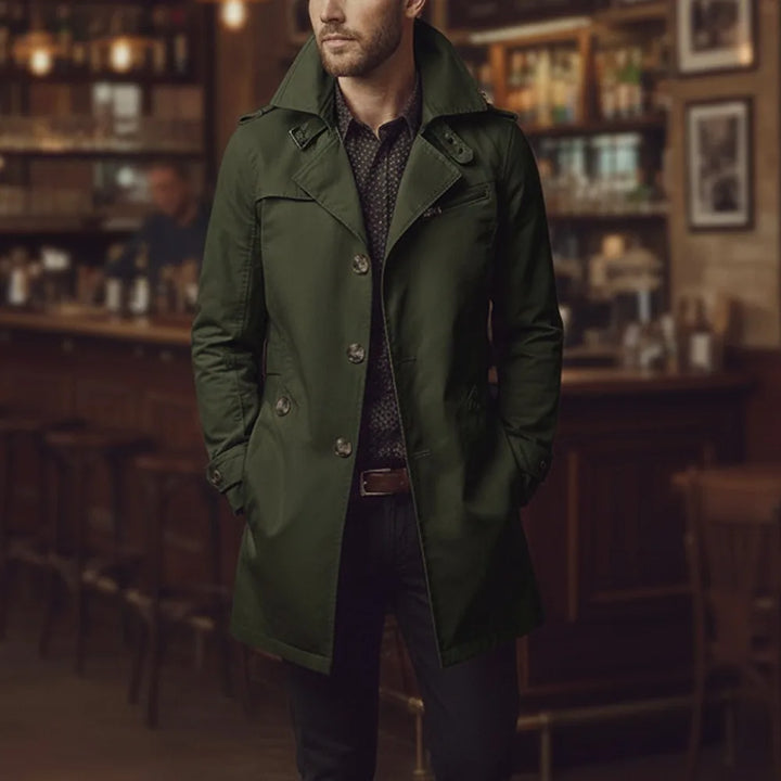 Men's slim trench coat with notched collar, button front, epaulettes and long sleeves