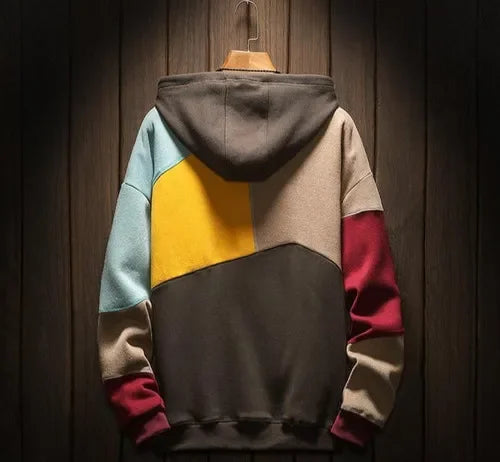 Men's multicolor geometric color-block hoodie with hood and kangaroo pocket