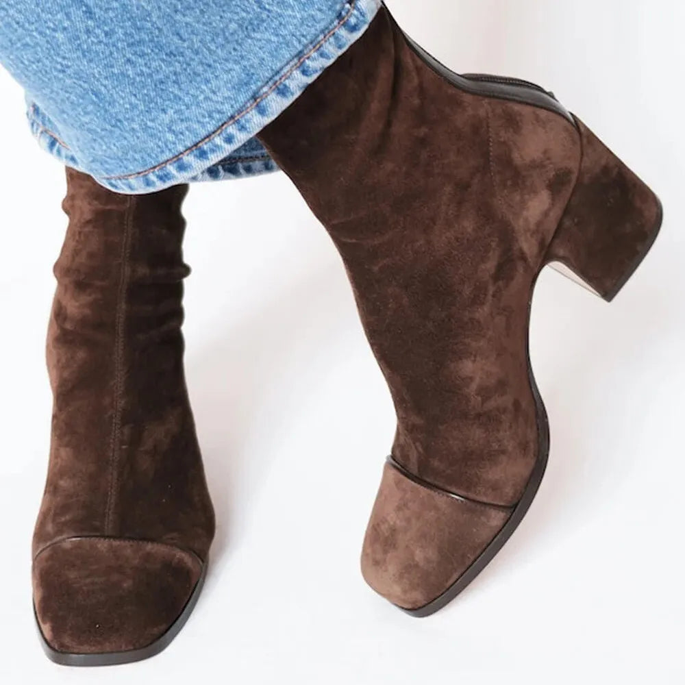 Women's Square Toe Heeled Boots in Brown | Bellmere