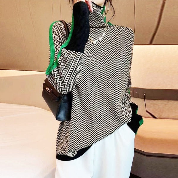 Women's herringbone turtleneck sweater with long sleeves and contrast trim