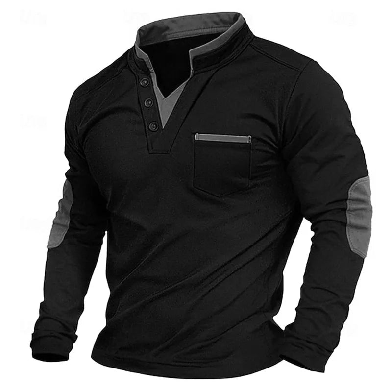 Men's long-sleeve stand-collar sweatshirt with button placket, chest pocket and contrasting elbow panels