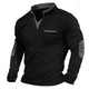 Men's long-sleeve stand-collar sweatshirt with button placket, chest pocket and contrasting elbow panels