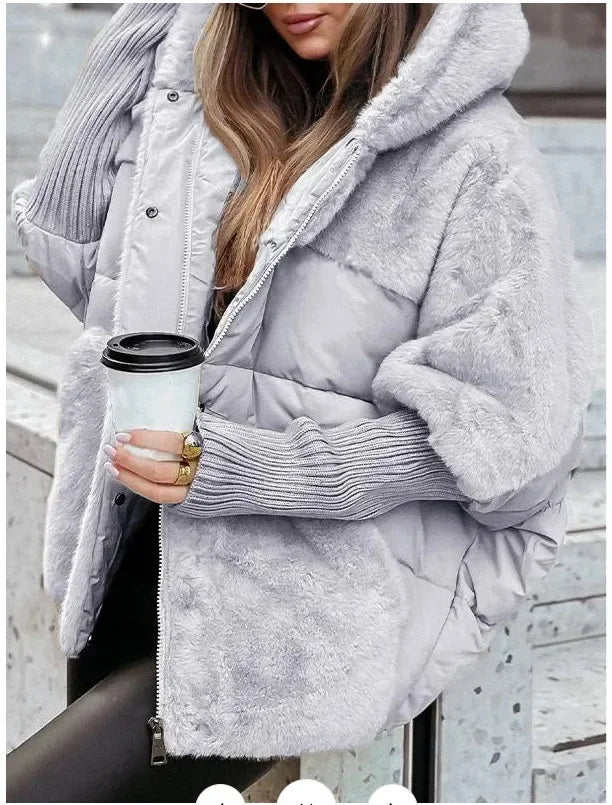 Women's hooded puffer jacket with plush faux fur panels