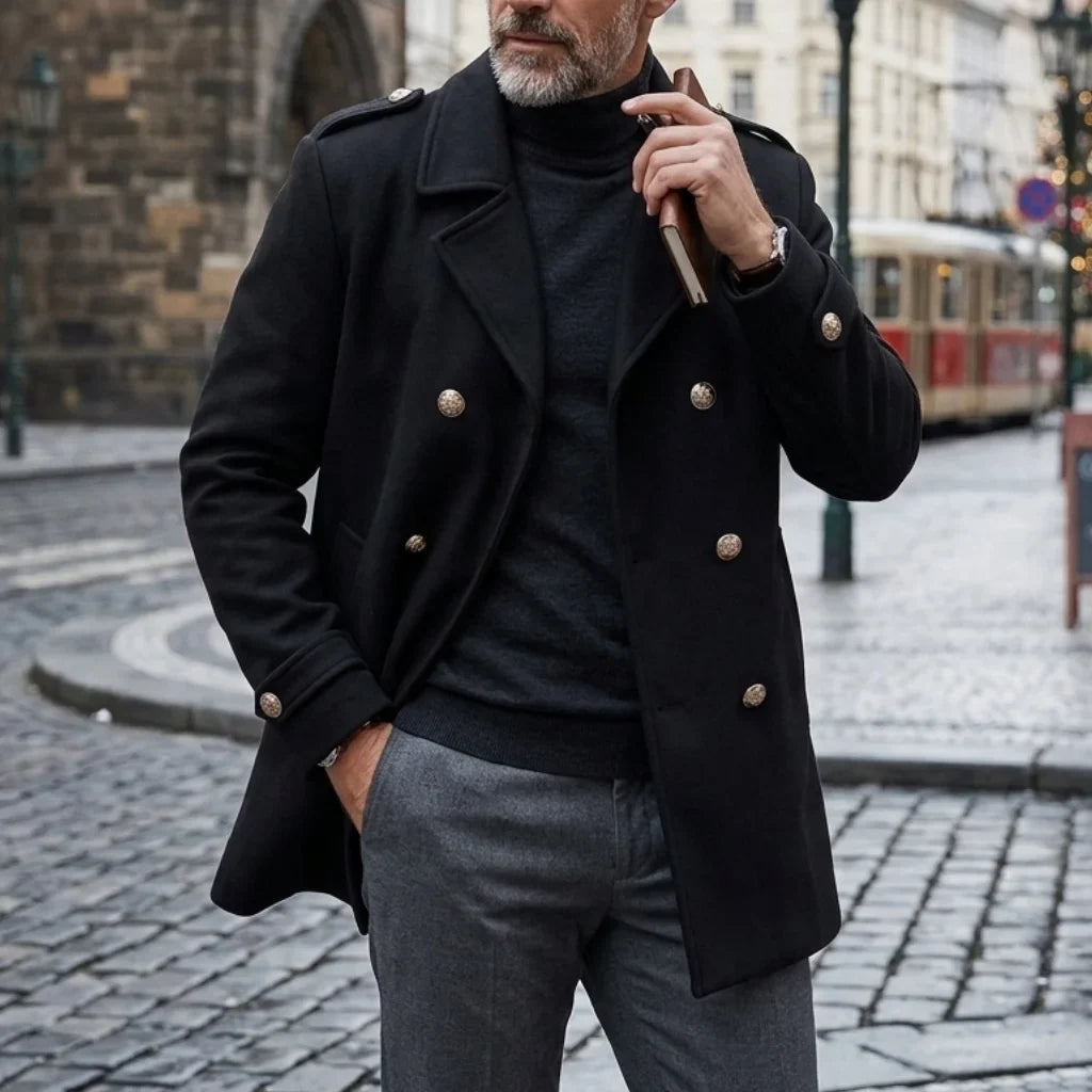 Men's double-breasted winter coat with notched lapels and button details