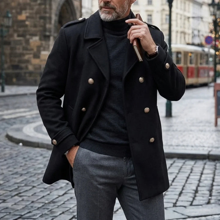 Men's double-breasted winter coat with notched lapels and button details