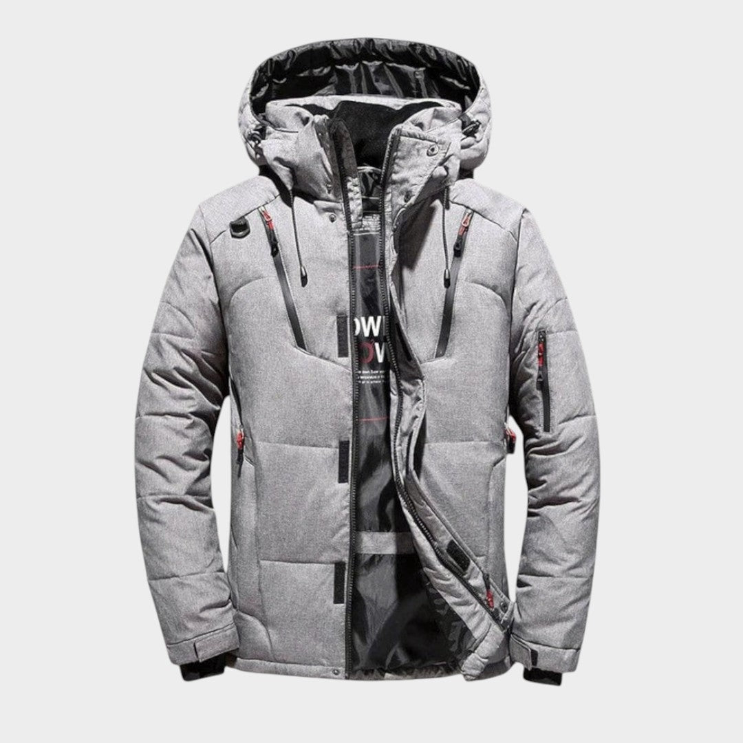 Men's hooded quilted winter jacket with zip front and multiple pockets