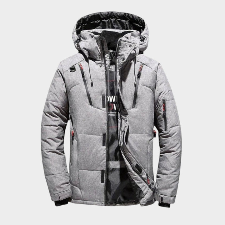 Men's hooded quilted winter jacket with zip front and multiple pockets