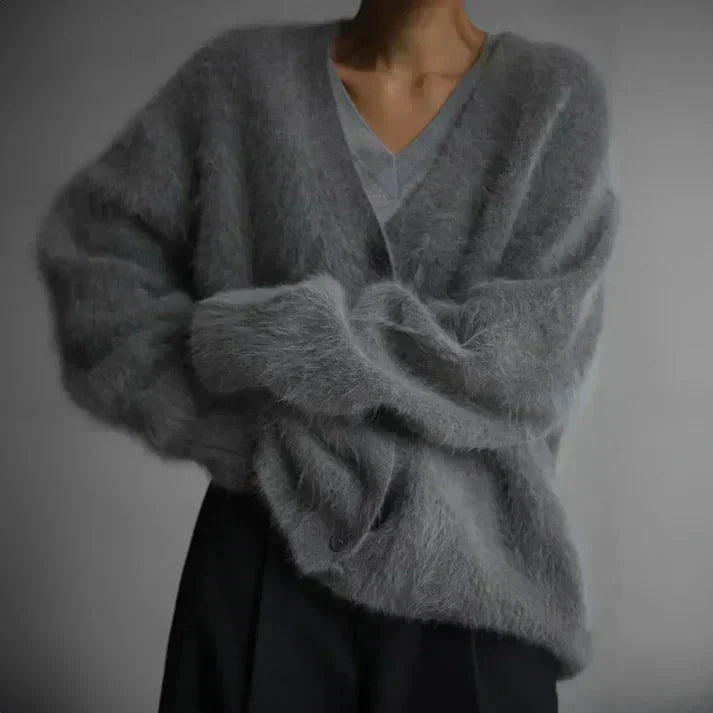 Women's fuzzy V-neck button cardigan with long sleeves and front pockets