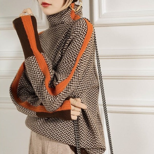 Women's herringbone turtleneck sweater with long sleeves and contrast trim