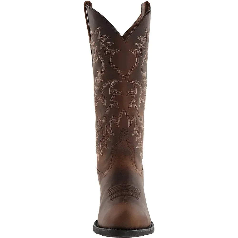 Men's cowboy boots with embroidered shaft, pointed toe and low heel